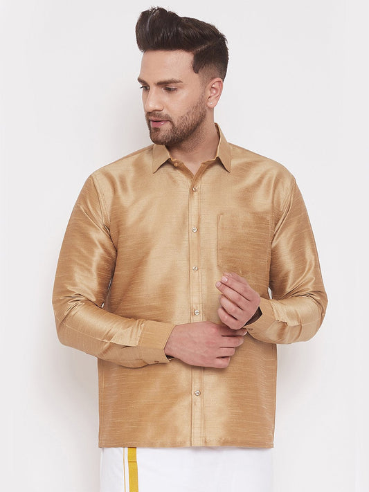 Men's Gold Cotton Silk Blend Ethnic Shirt