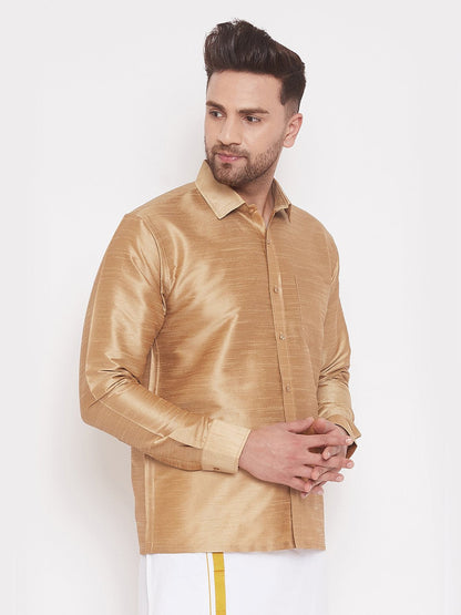 Men's Gold Cotton Silk Blend Ethnic Shirt