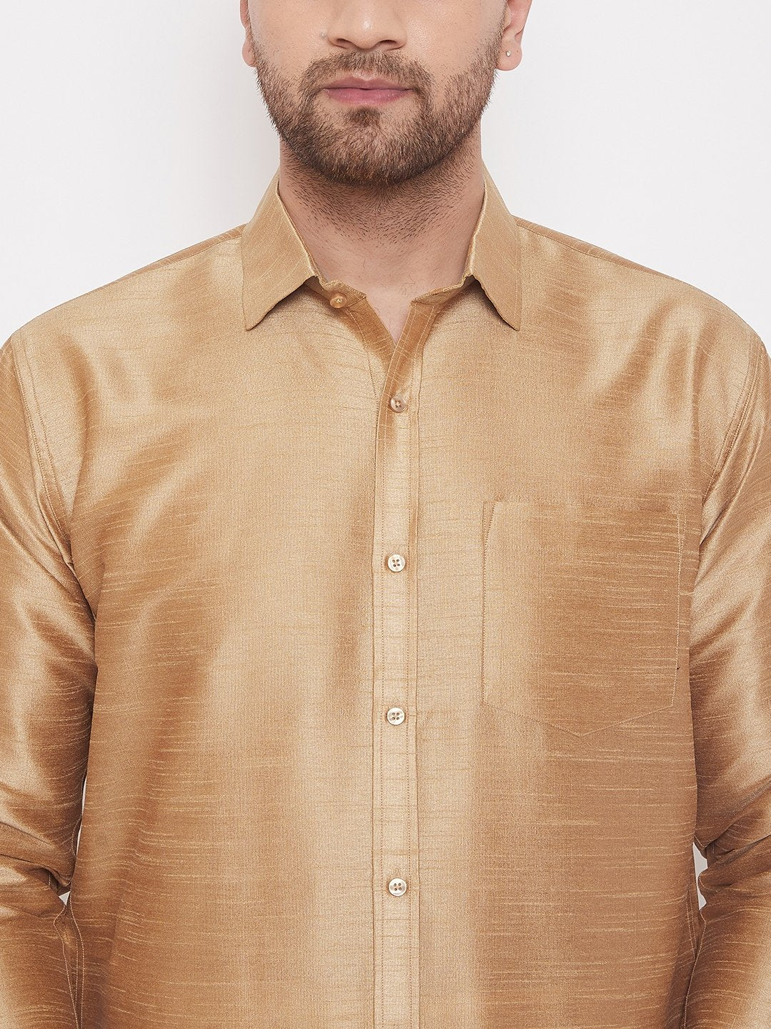 Men's Gold Cotton Silk Blend Ethnic Shirt