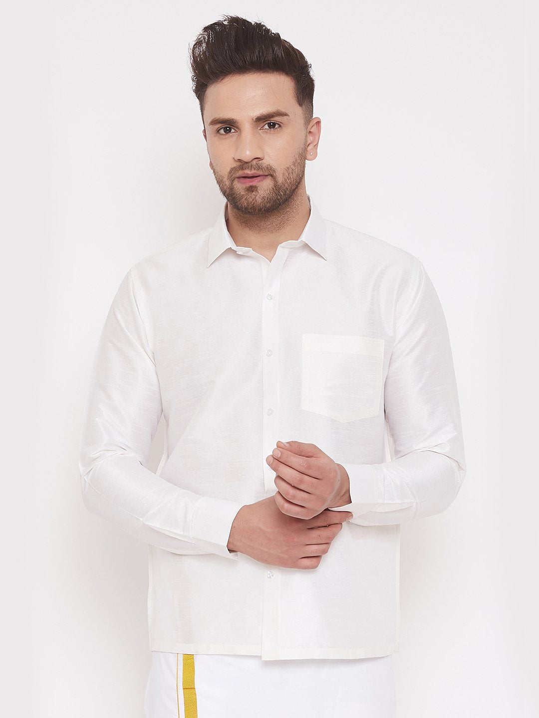 Men's White Cotton Silk Blend Ethnic Shirt