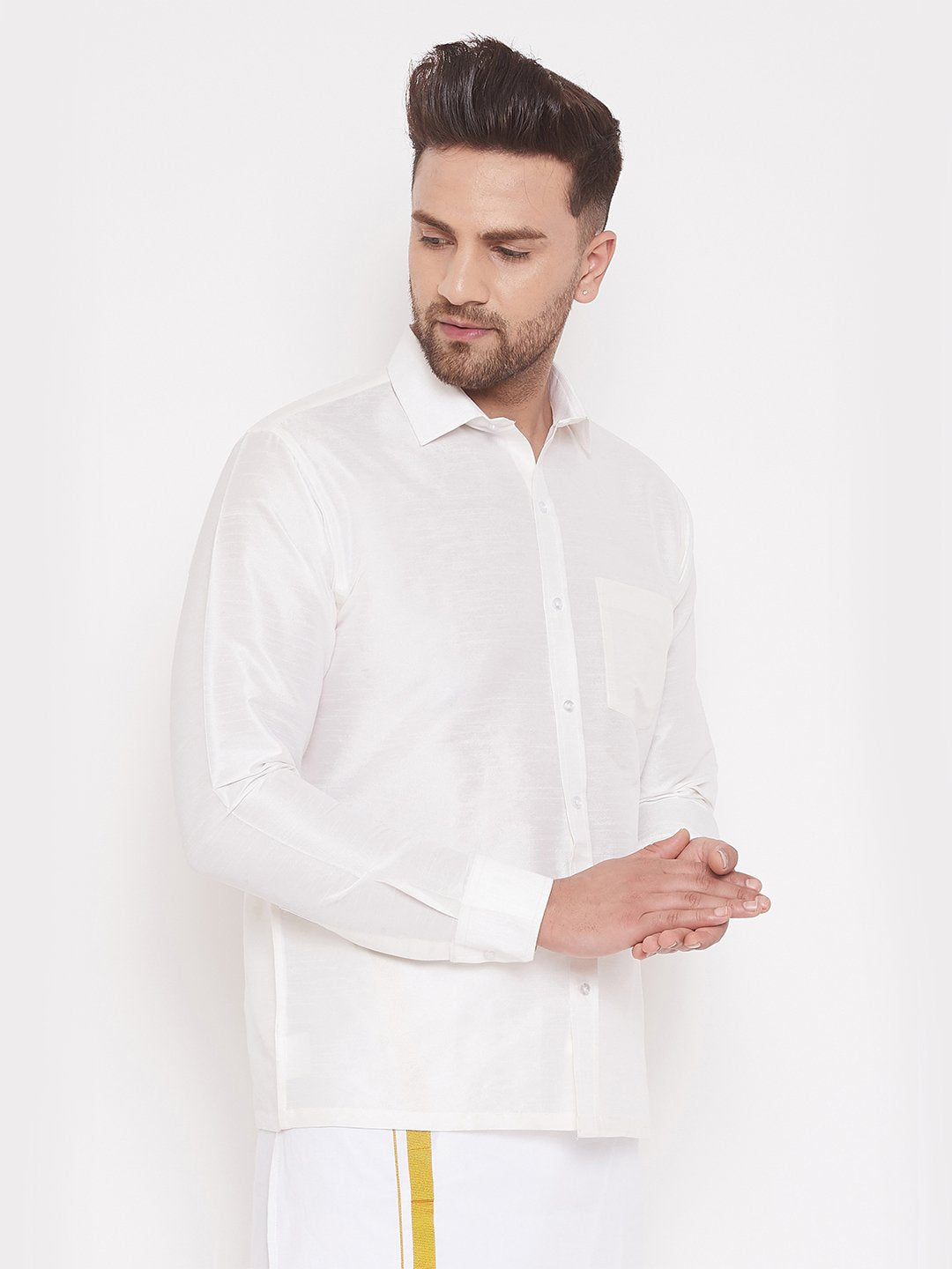 Men's White Cotton Silk Blend Ethnic Shirt