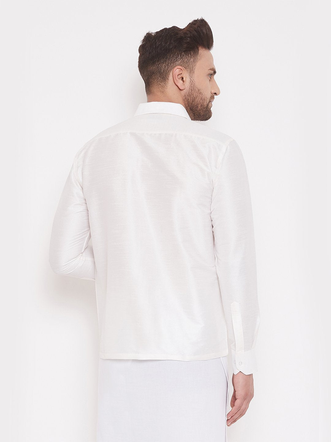 Men's White Cotton Silk Blend Ethnic Shirt