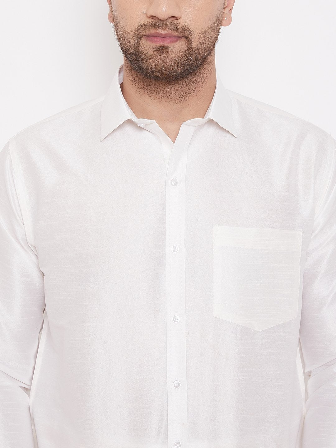 Men's White Cotton Silk Blend Ethnic Shirt