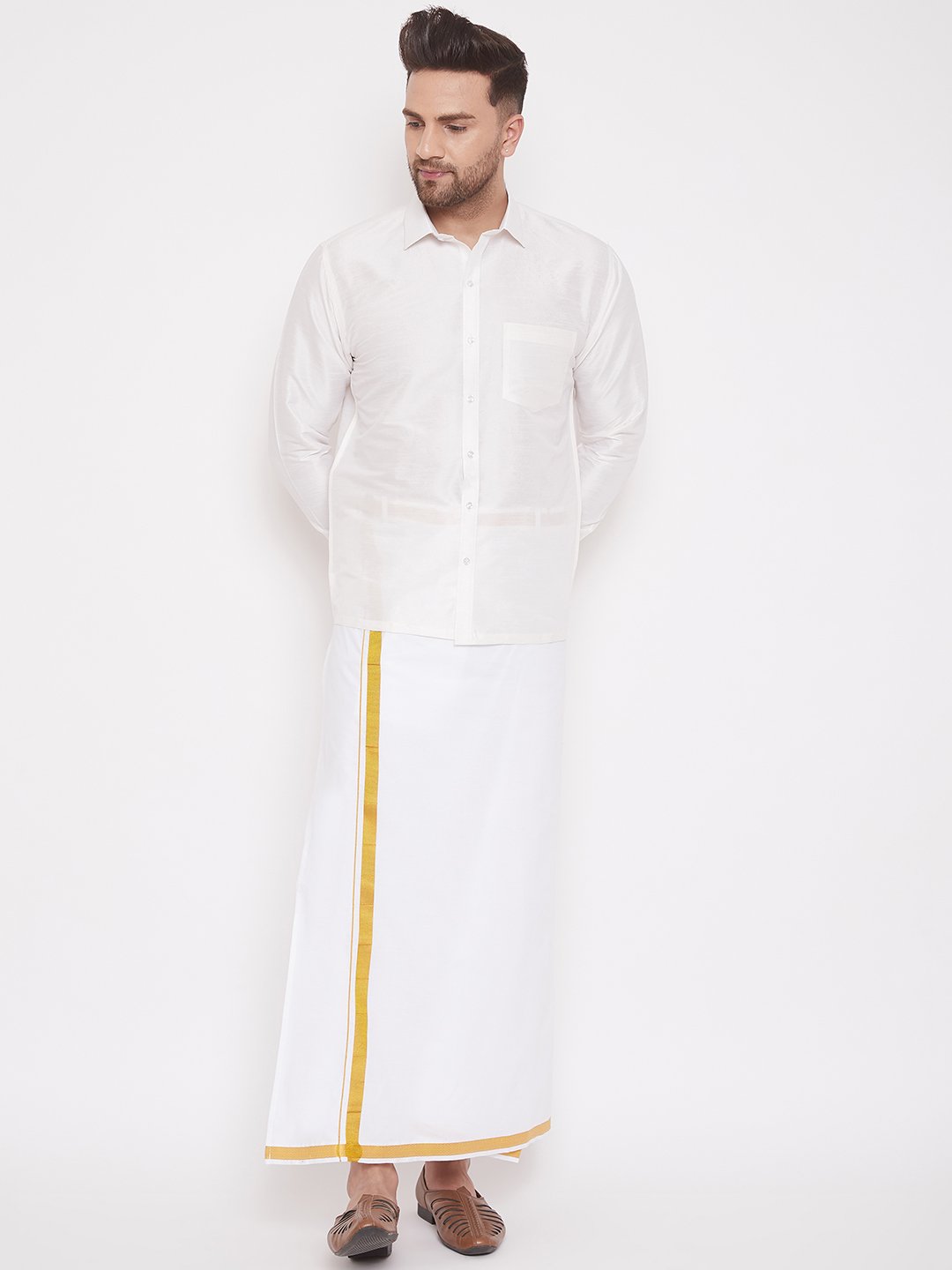 Men's White Cotton Silk Blend Ethnic Shirt