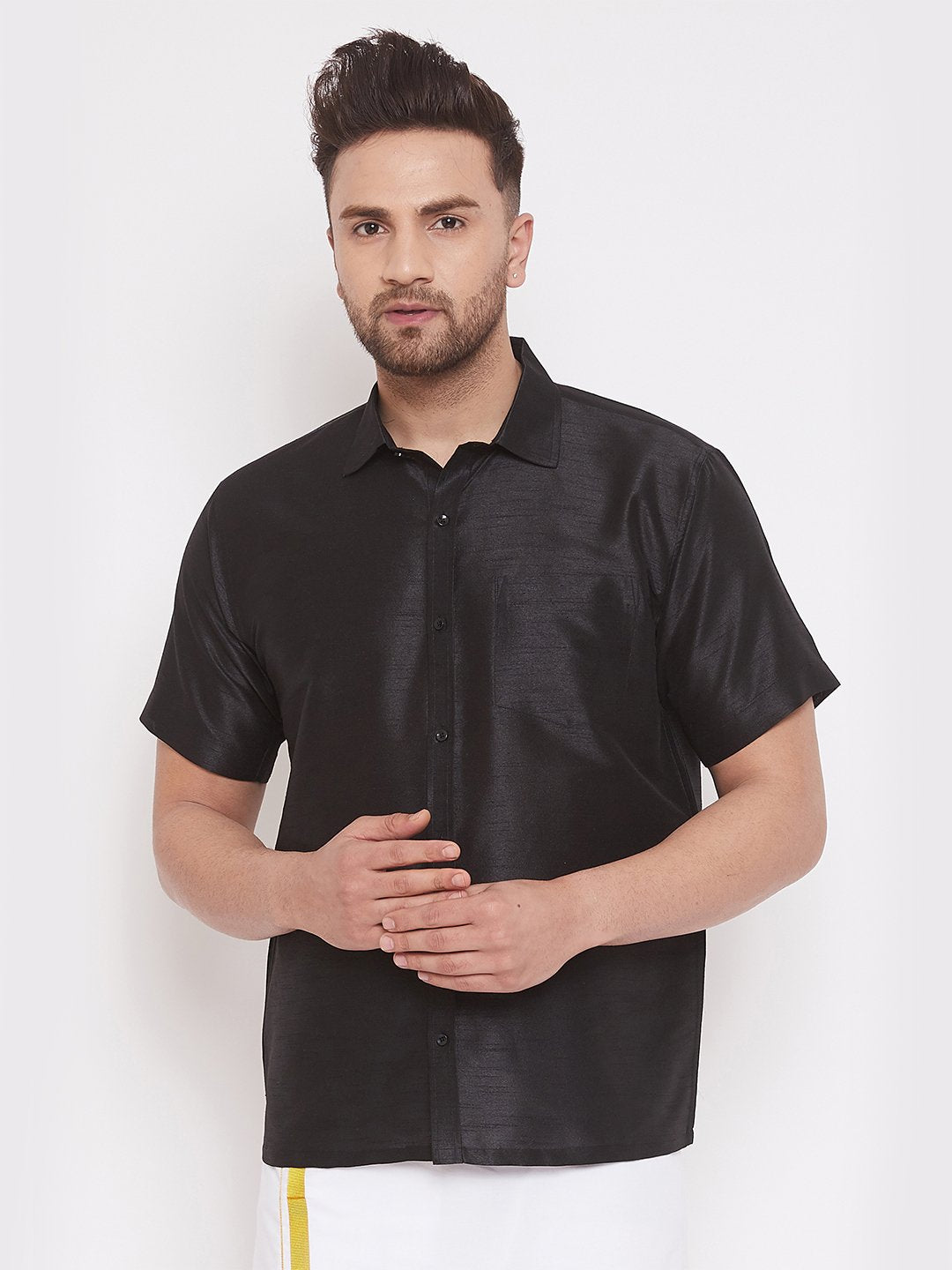 Men's Black Cotton Silk Blend Ethnic Shirt