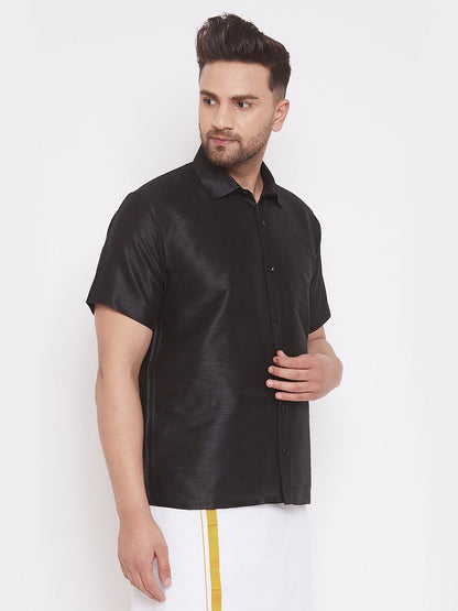 Men's Black Cotton Silk Blend Ethnic Shirt