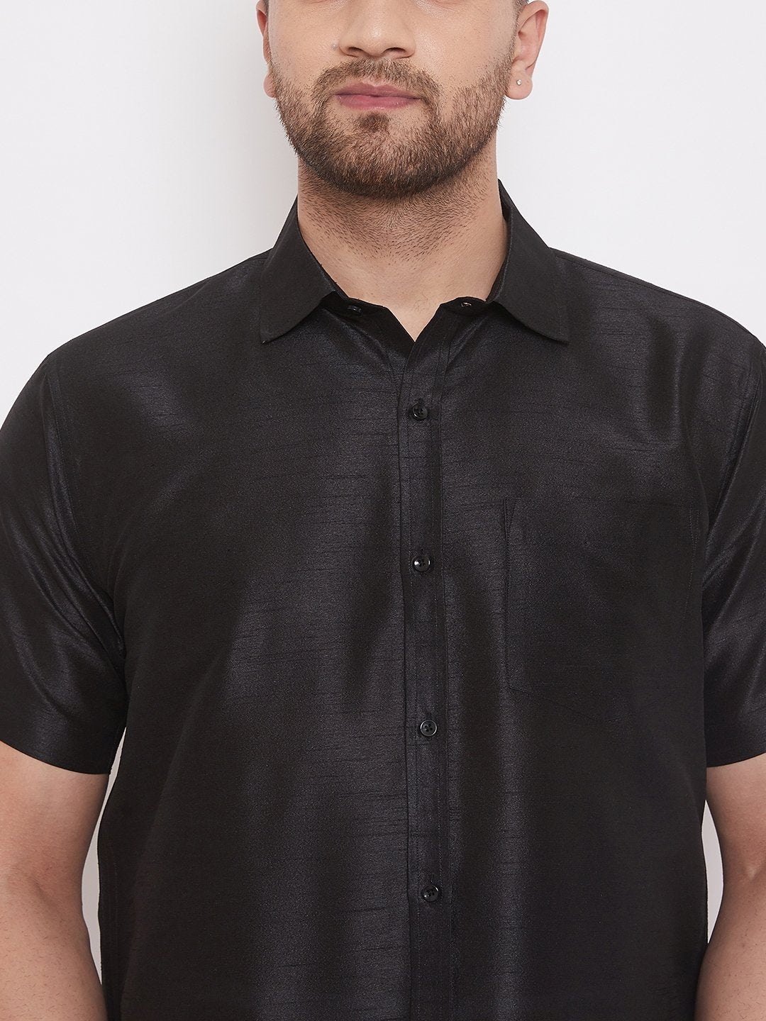 Men's Black Cotton Silk Blend Ethnic Shirt