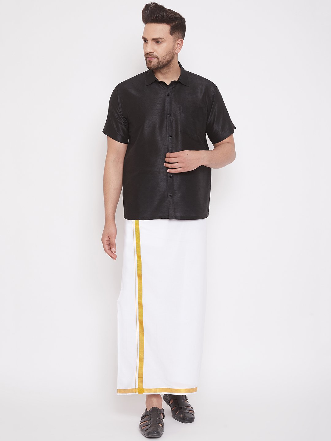 Men's Black Cotton Silk Blend Ethnic Shirt