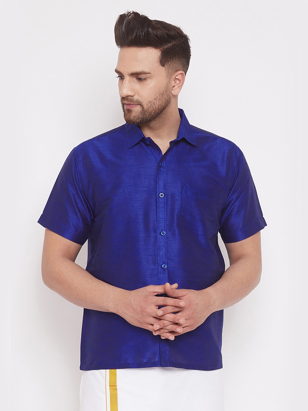 Men's Blue Cotton Silk Blend Ethnic Shirt