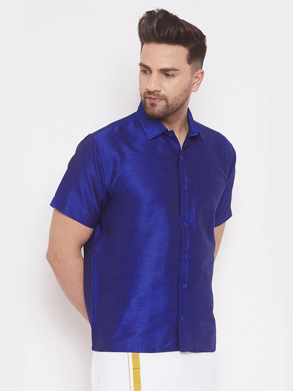 Men's Blue Cotton Silk Blend Ethnic Shirt