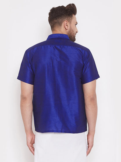 Men's Blue Cotton Silk Blend Ethnic Shirt