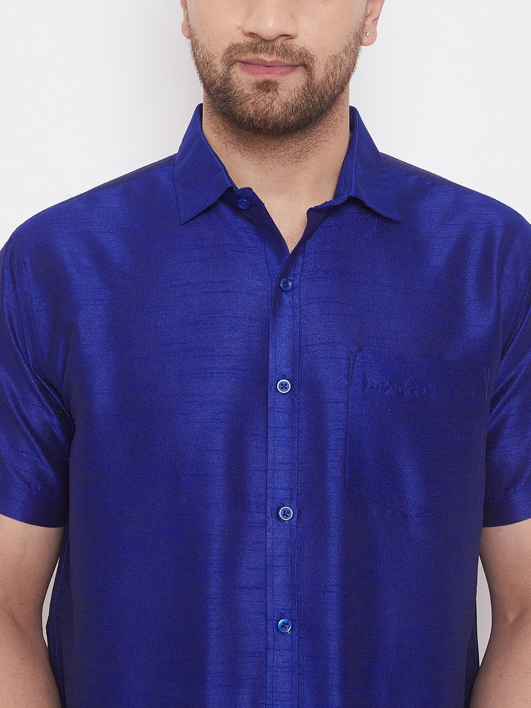 Men's Blue Cotton Silk Blend Ethnic Shirt