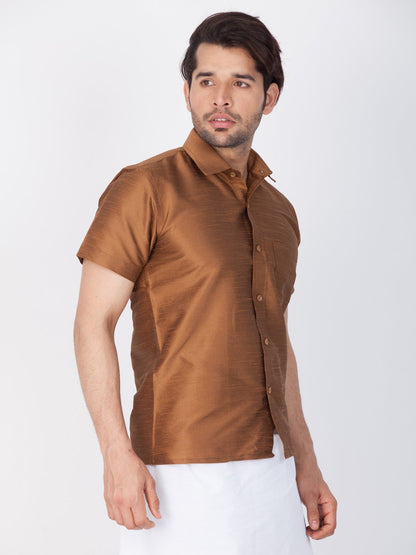 Men's Brown Cotton Silk Blend Ethnic Shirt