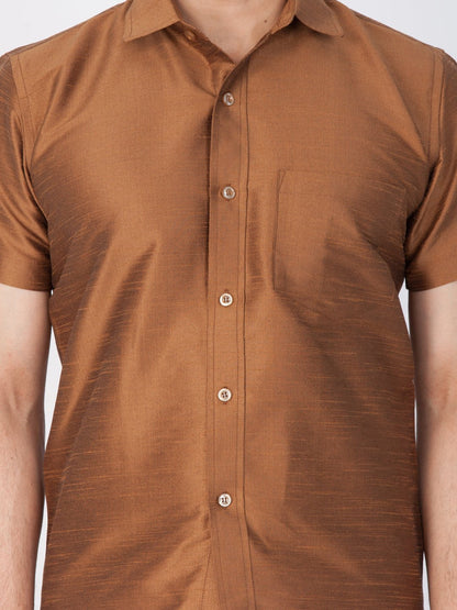 Men's Brown Cotton Silk Blend Ethnic Shirt