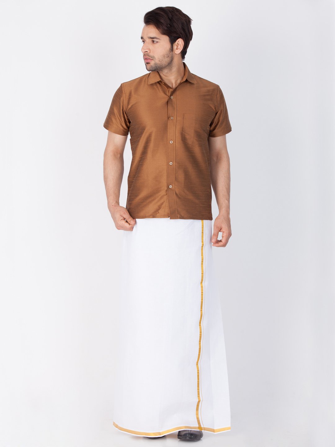 Men's Brown Cotton Silk Blend Ethnic Shirt