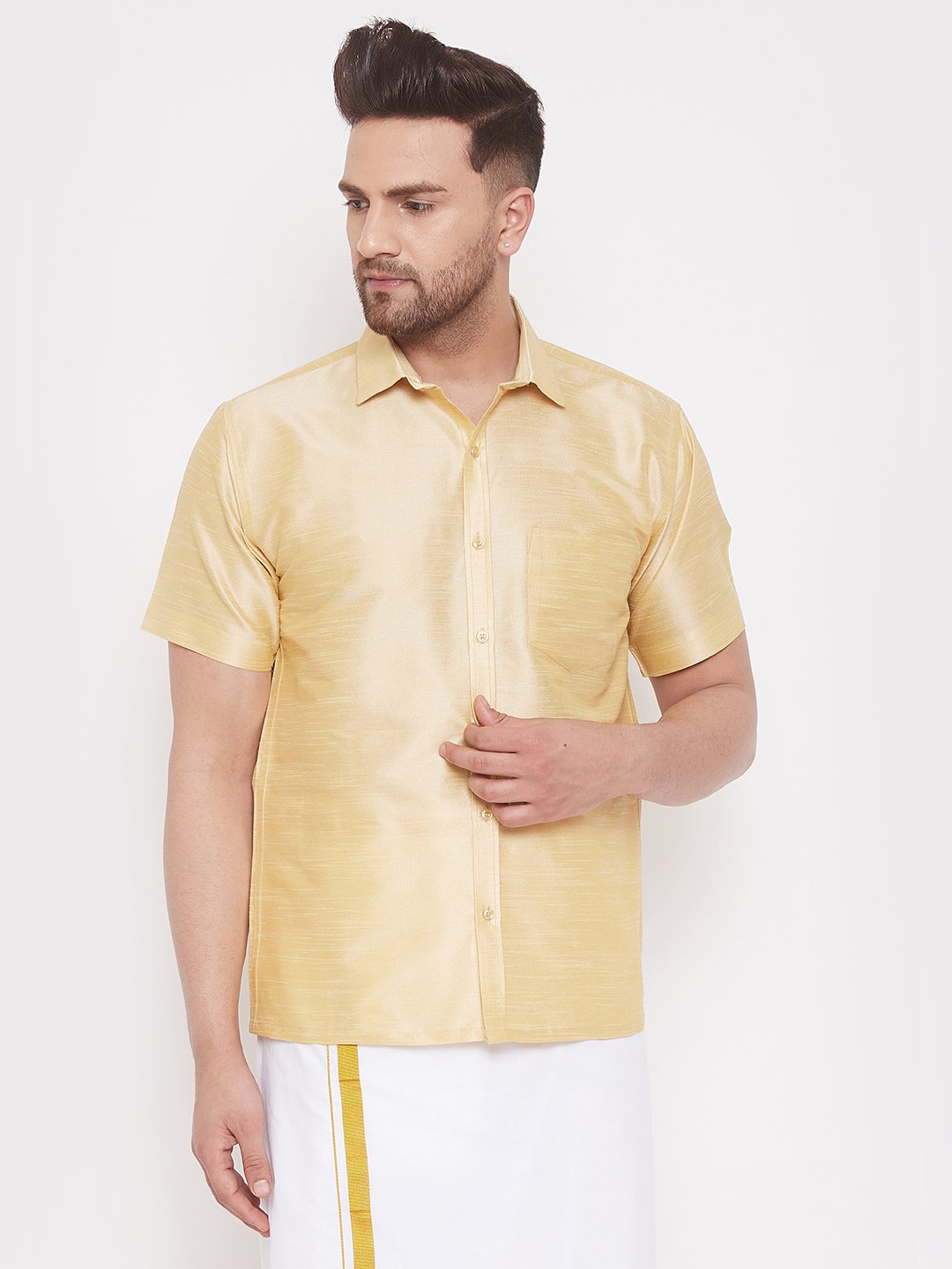 Men's Gold Cotton Silk Blend Ethnic Shirt