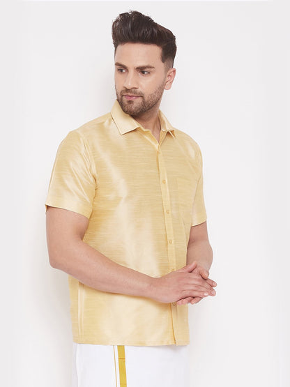 Men's Gold Cotton Silk Blend Ethnic Shirt