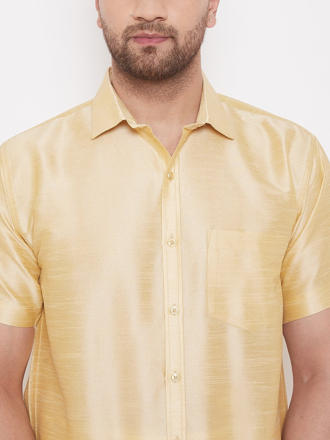 Men's Gold Cotton Silk Blend Ethnic Shirt