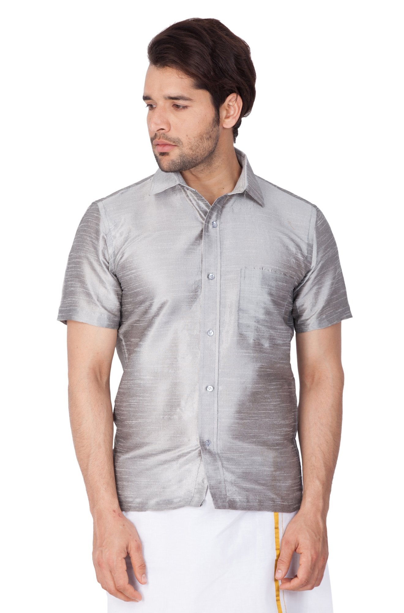 Men's Grey Cotton Silk Blend Ethnic Shirt