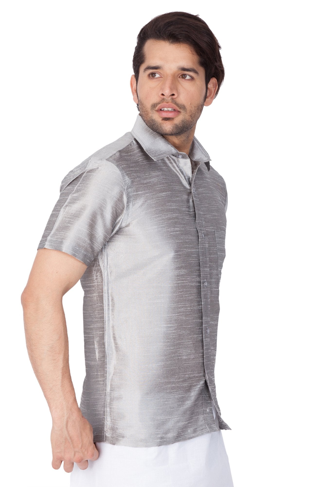 Men's Grey Cotton Silk Blend Ethnic Shirt