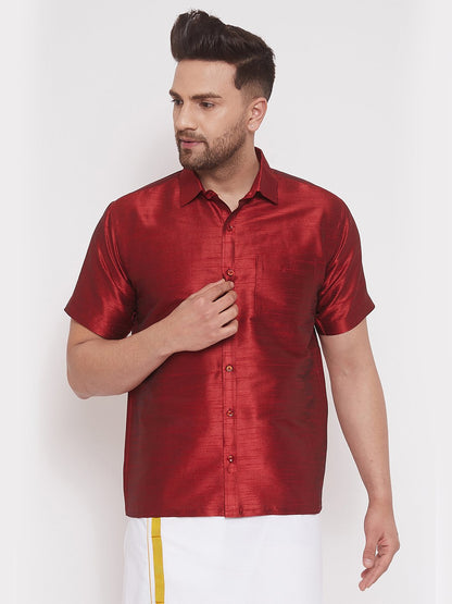 Men's Maroon Cotton Silk Blend Ethnic Shirt