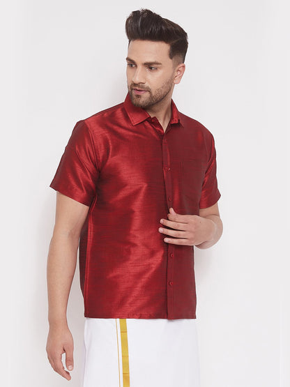 Men's Maroon Cotton Silk Blend Ethnic Shirt