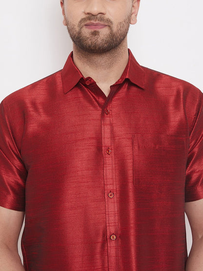 Men's Maroon Cotton Silk Blend Ethnic Shirt