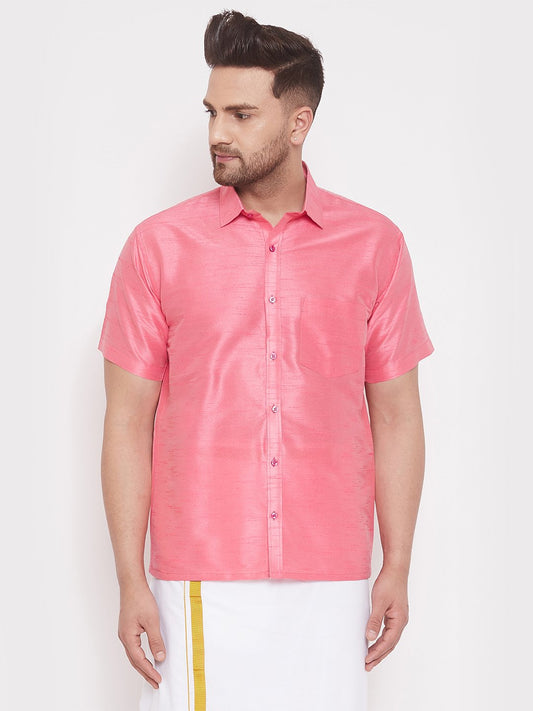 Men's Pink Cotton Silk Blend Ethnic Shirt