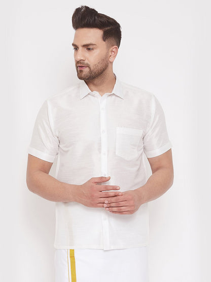 Men's White Cotton Silk Blend Ethnic Shirt