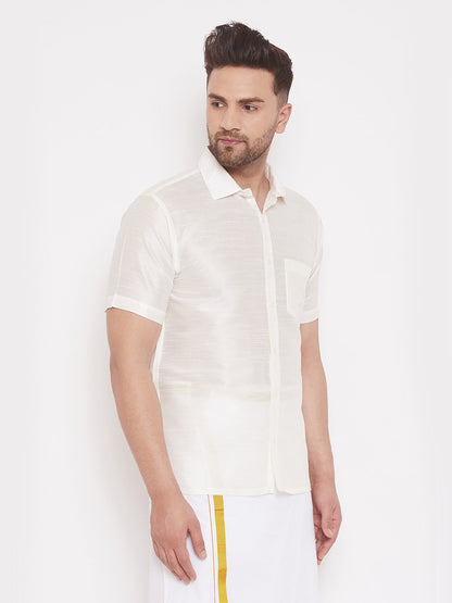 Men's White Cotton Silk Blend Ethnic Shirt