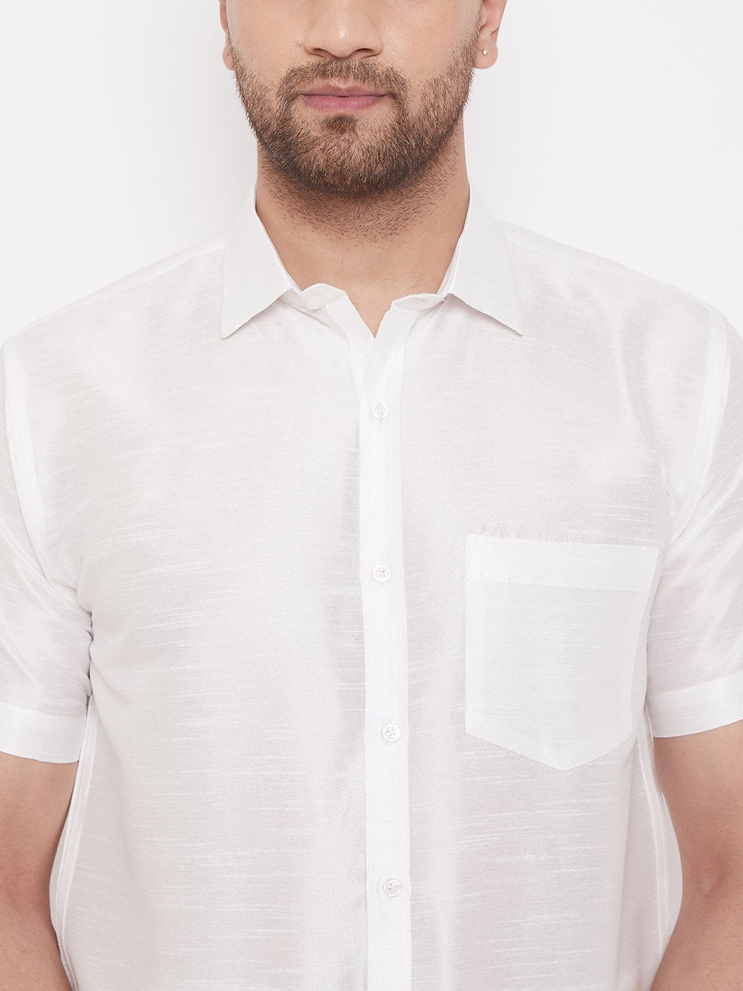 Men's White Cotton Silk Blend Ethnic Shirt