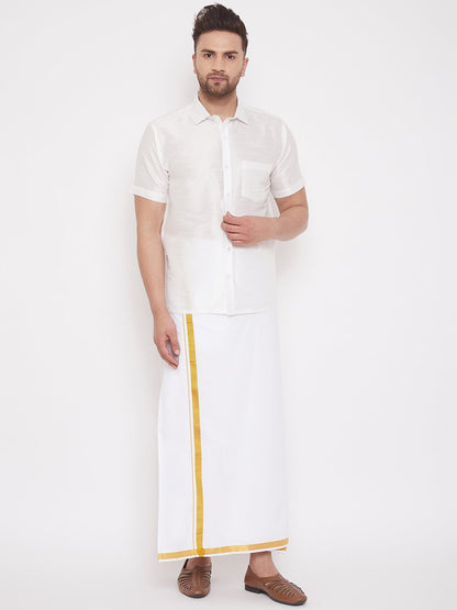 Men's White Cotton Silk Blend Ethnic Shirt