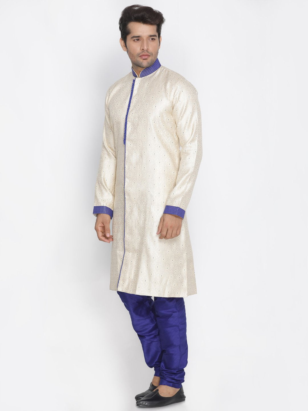 Men's Blue Cotton Silk Blend Sherwani Set