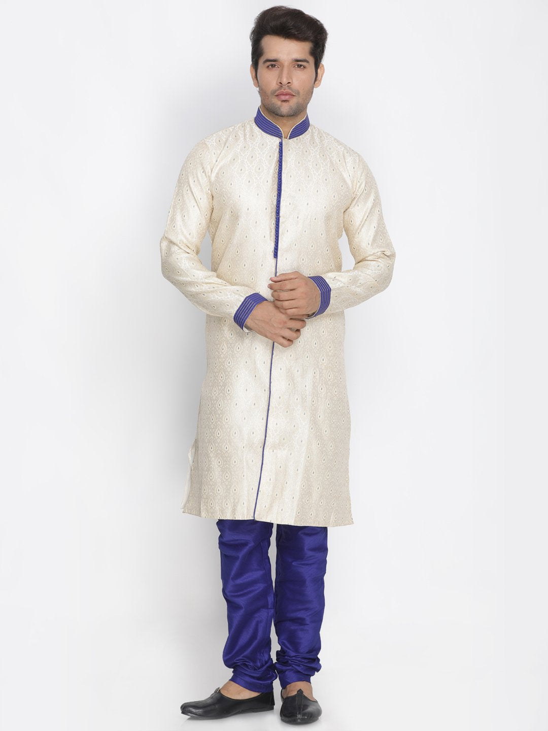 Men's Blue Cotton Silk Blend Sherwani Set