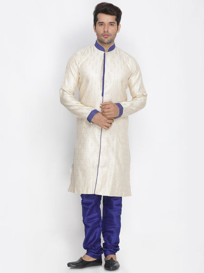 Men's Blue Cotton Silk Blend Sherwani Set