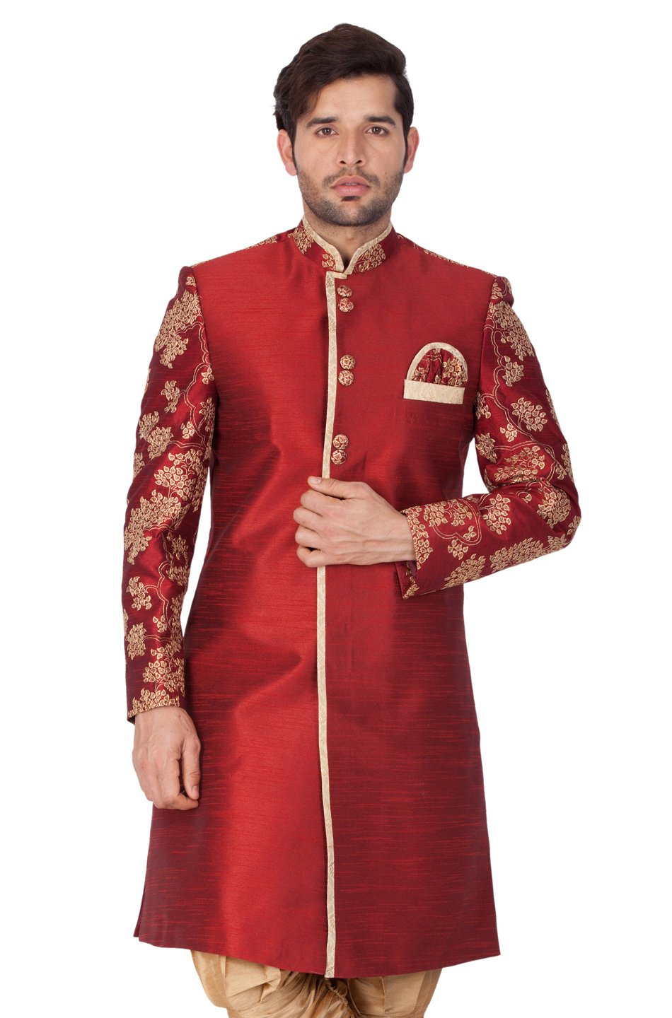 Men's Maroon Cotton Silk Blend Sherwani Only Top