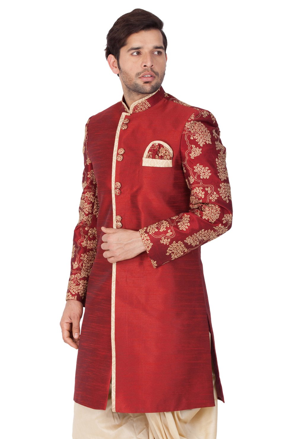 Men's Maroon Cotton Silk Blend Sherwani Only Top