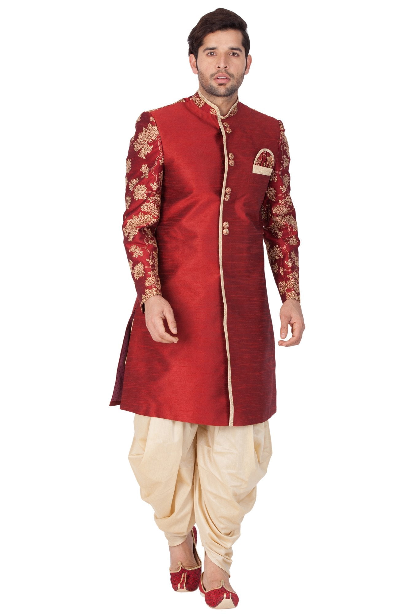 Men's Maroon Cotton Silk Blend Sherwani Only Top