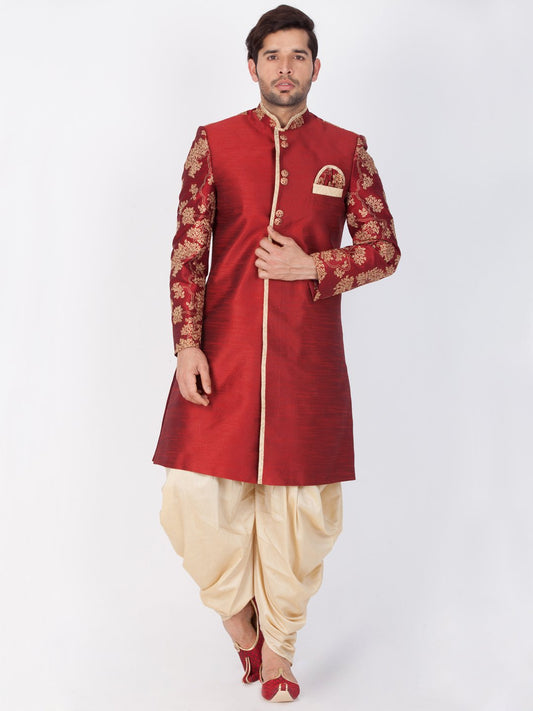 Men's Maroon Cotton Silk Blend Sherwani Set