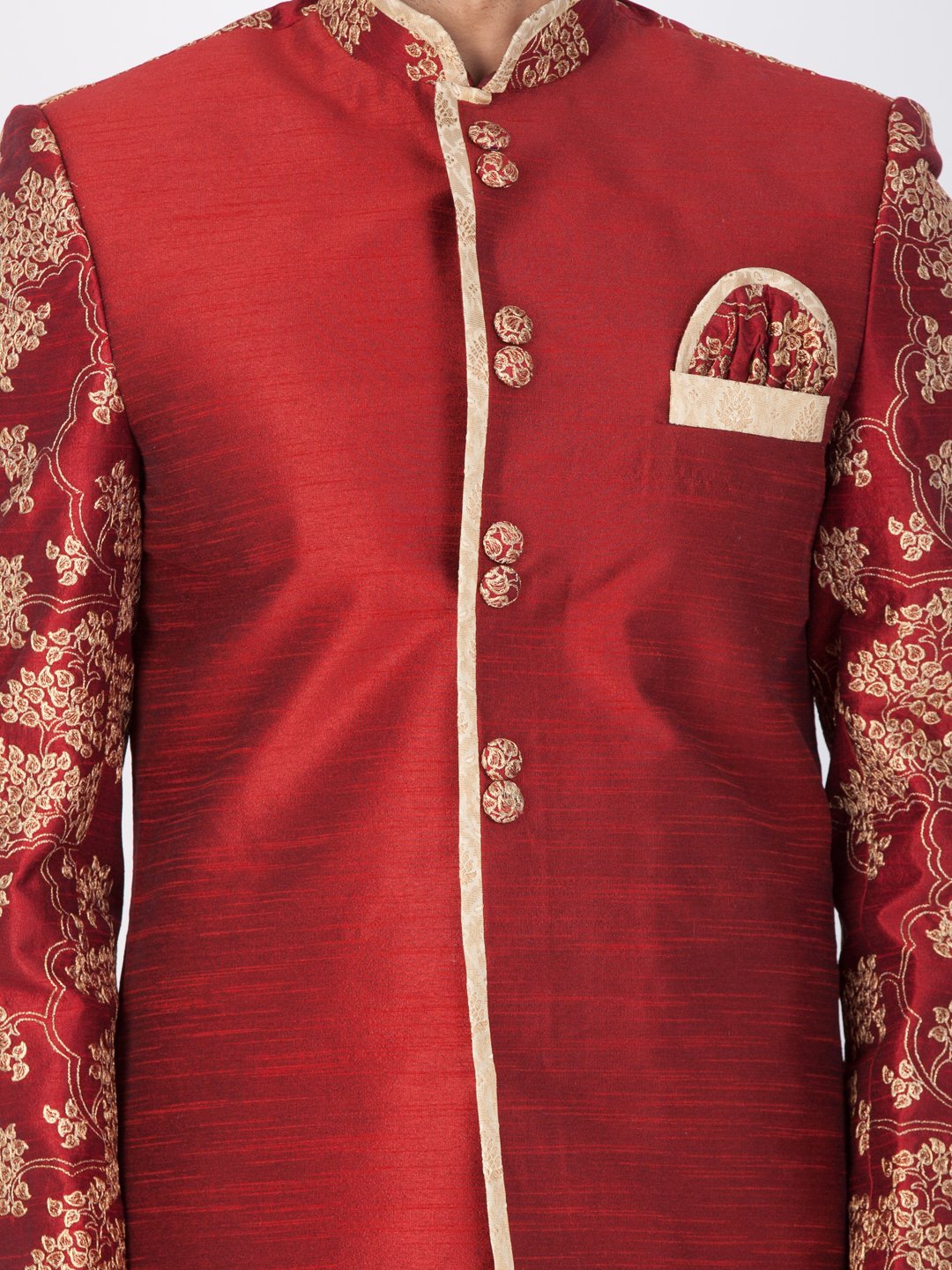 Men's Maroon Cotton Silk Blend Sherwani Set