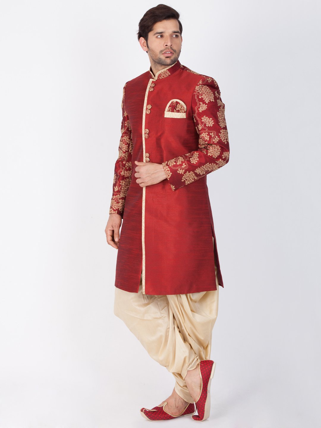 Men's Maroon Cotton Silk Blend Sherwani Set