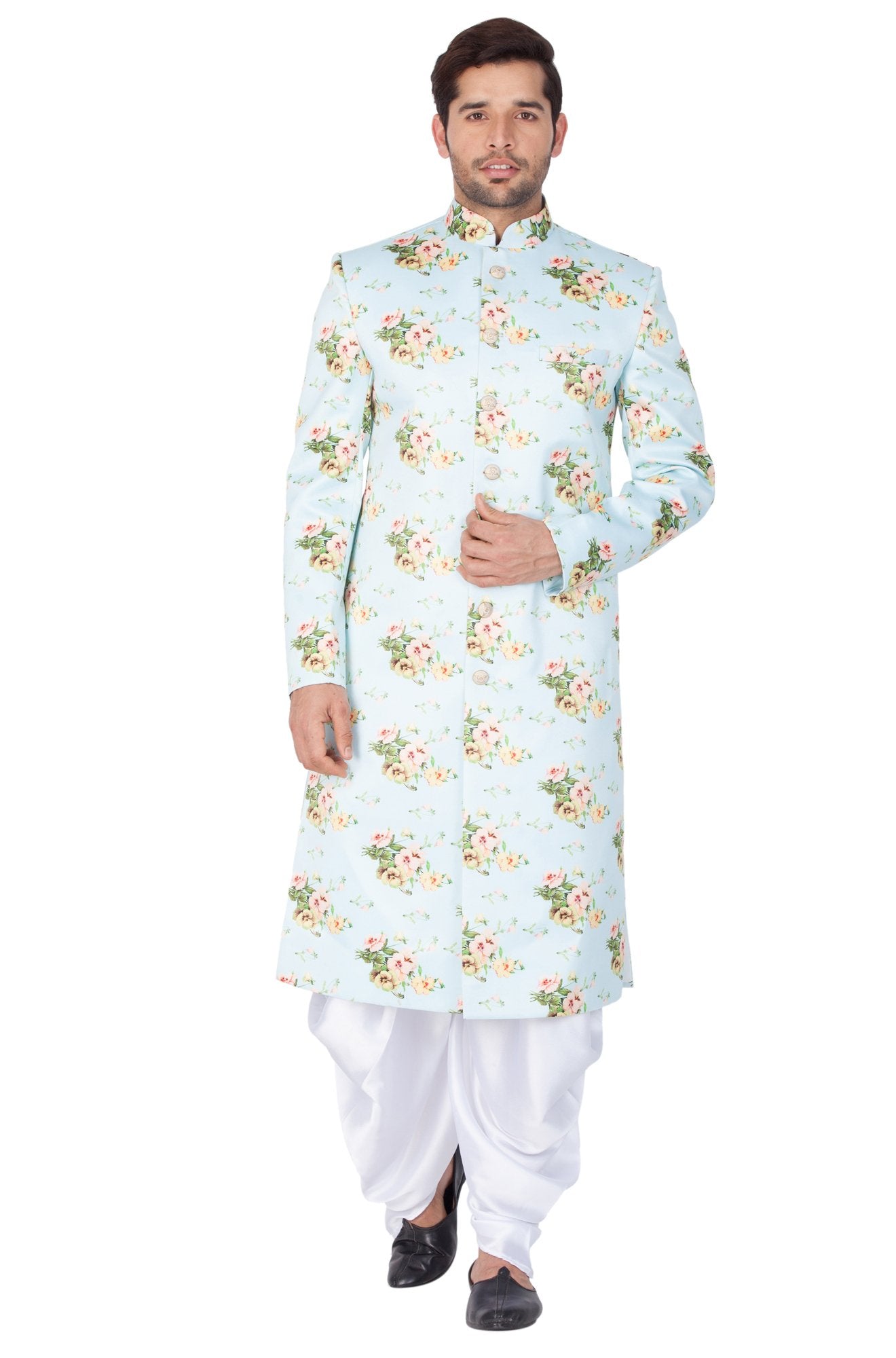 Men's Light Green Cotton Silk Blend Sherwani Only Top