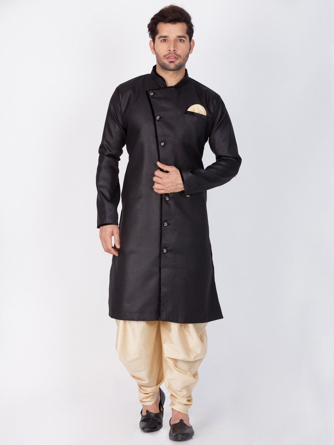 Men's Black Cotton Silk Blend Sherwani Only Top