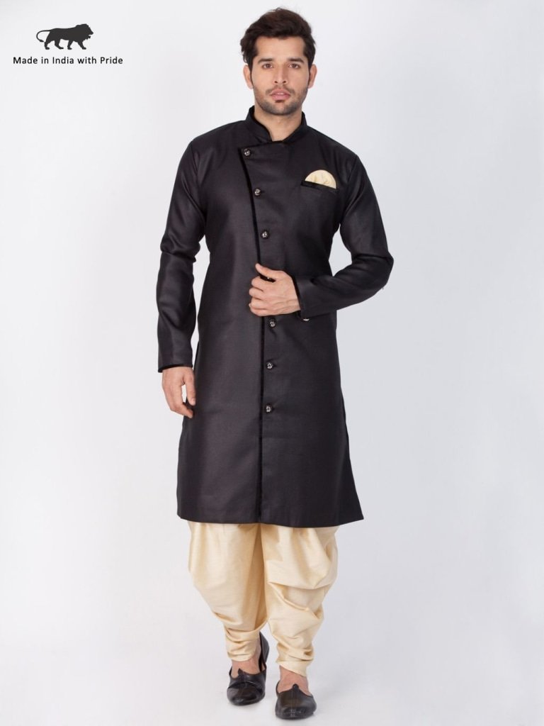 Men's Black Cotton Blend Sherwani Set