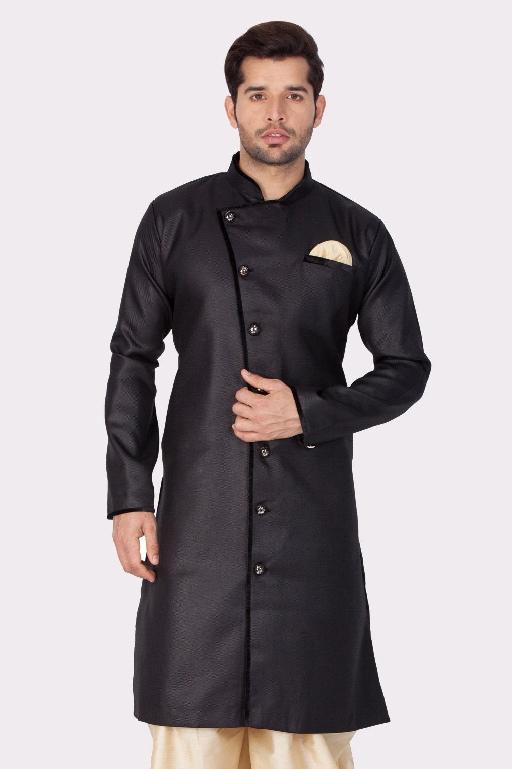 Men's Black Cotton Silk Blend Sherwani Only Top