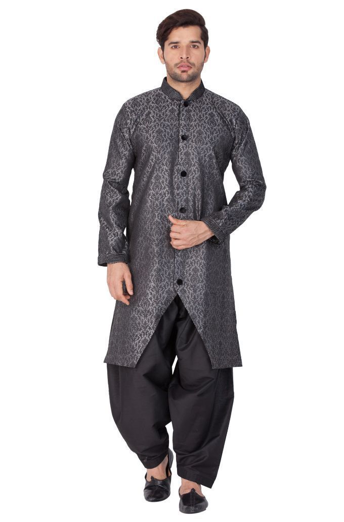 Men's Grey Cotton Silk Blend Sherwani Set