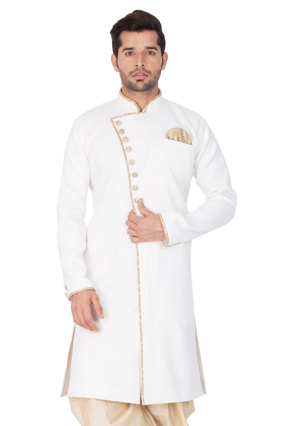 Men's White Cotton Silk Blend Sherwani Only Top