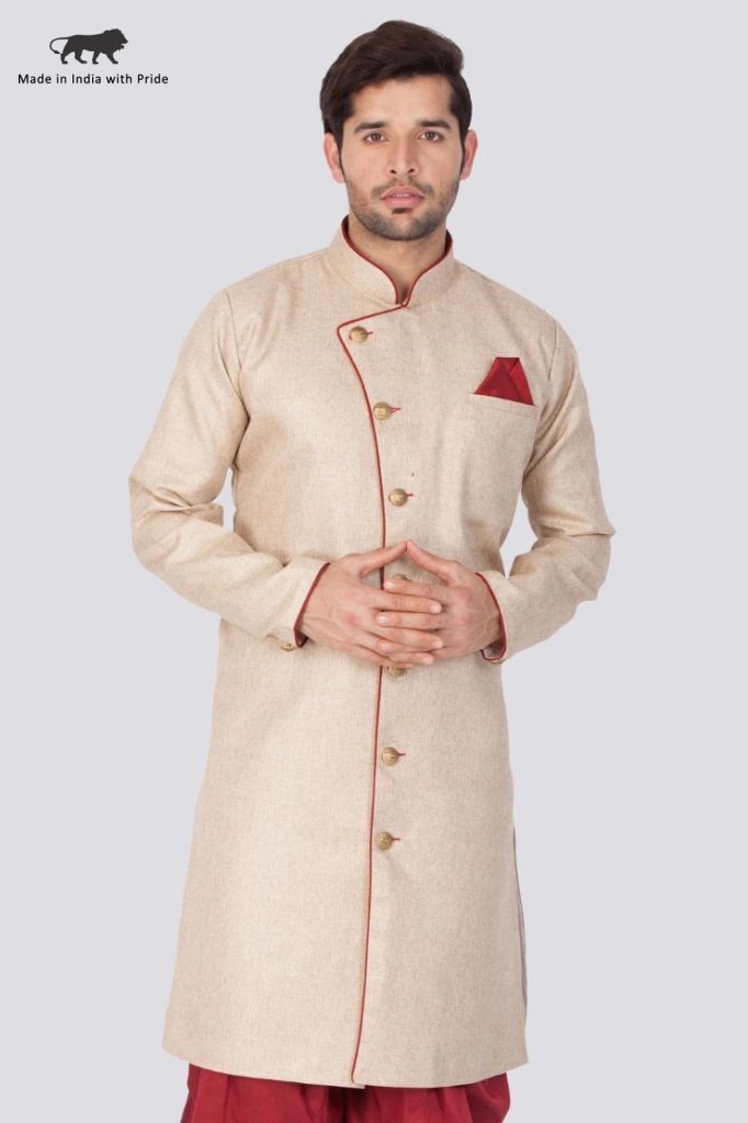 Men's Beige Cotton Silk Blend Sherwani Only Top