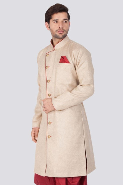 Men's Beige Cotton Silk Blend Sherwani Only Top