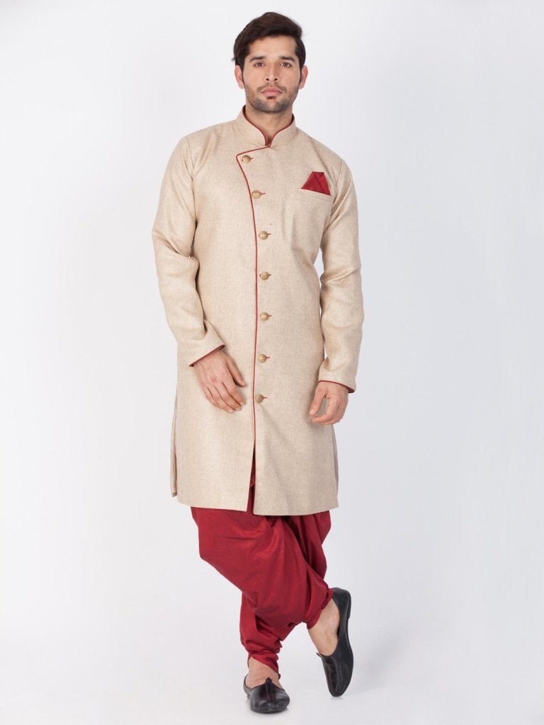 Men's Beige Cotton Silk Blend Sherwani Only Top